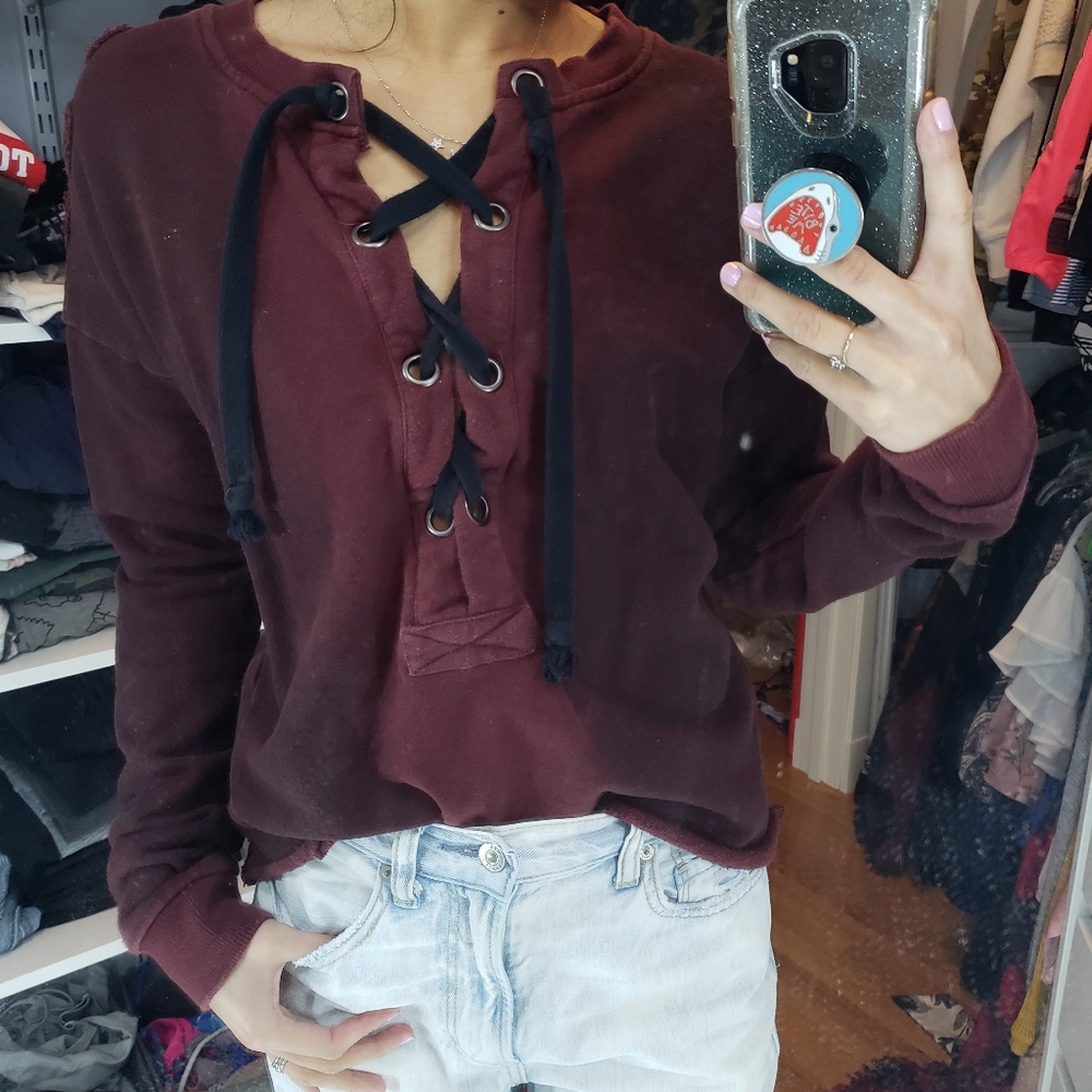 Red burgundy distressed lace up sweater